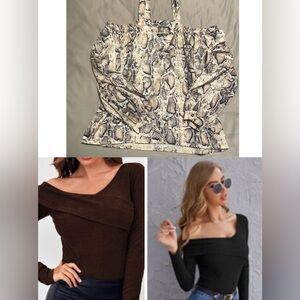 SHEIN Snake Print, Brown, and Black Off-Shoulder Blouses